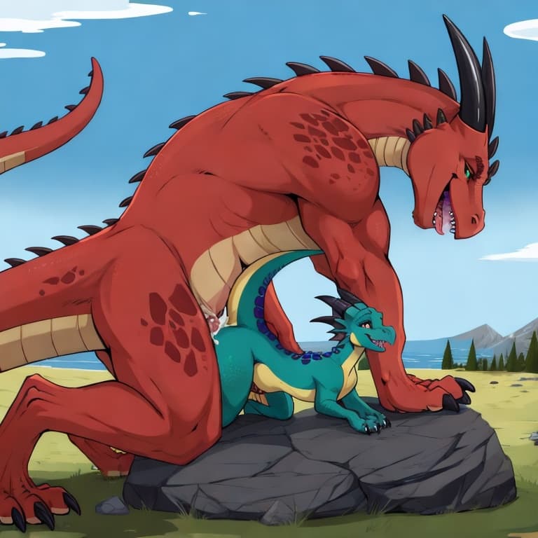 trio, dragon, kobold, male, female, larger_male, big_penis, size_difference, nude, vaginal_penetration, living_condom, cum_in_vagina, playful, outside, (feral_penetrating:1.3), (feral_male:1.3), (domi