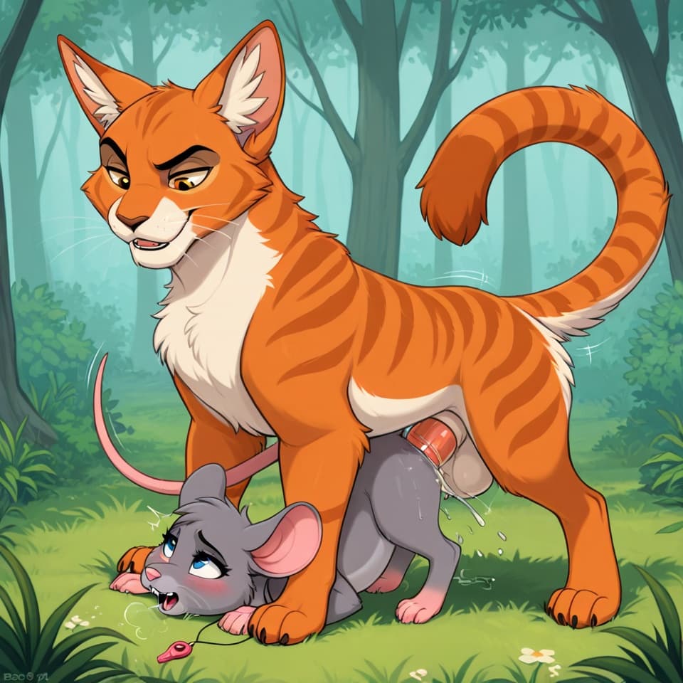 (Male cat, (feral:1.3), humanoid_penis), (female mouse, (feral:1.3)), vaginal_penetration, penetration, feral_on_feral, feral_penetrating_feral, size_difference, larger_male, male_penetrating_female,