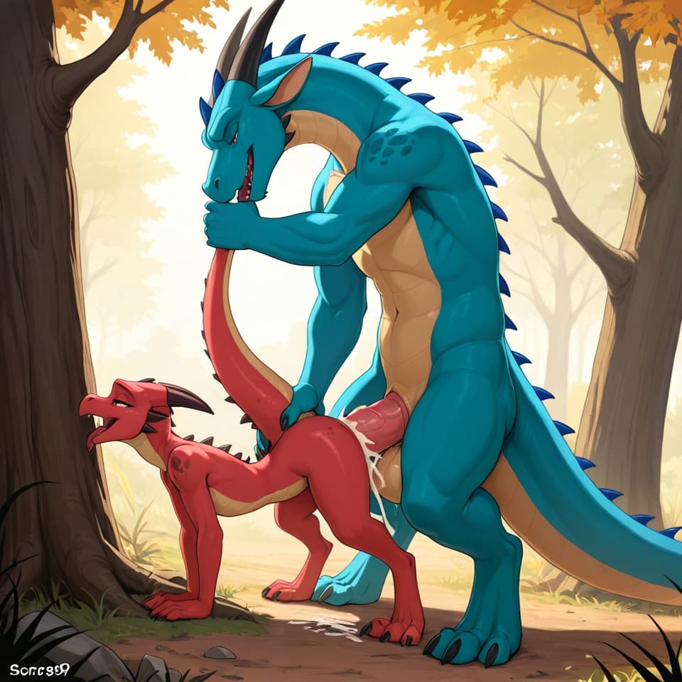trio, dragon, kobold, male, female, larger_male, big_penis, size_difference, nude, vaginal_penetration, living_condom, cum_in_vagina, playful, outside, (feral_penetrating:1.3), (feral_male:1.3), (domi