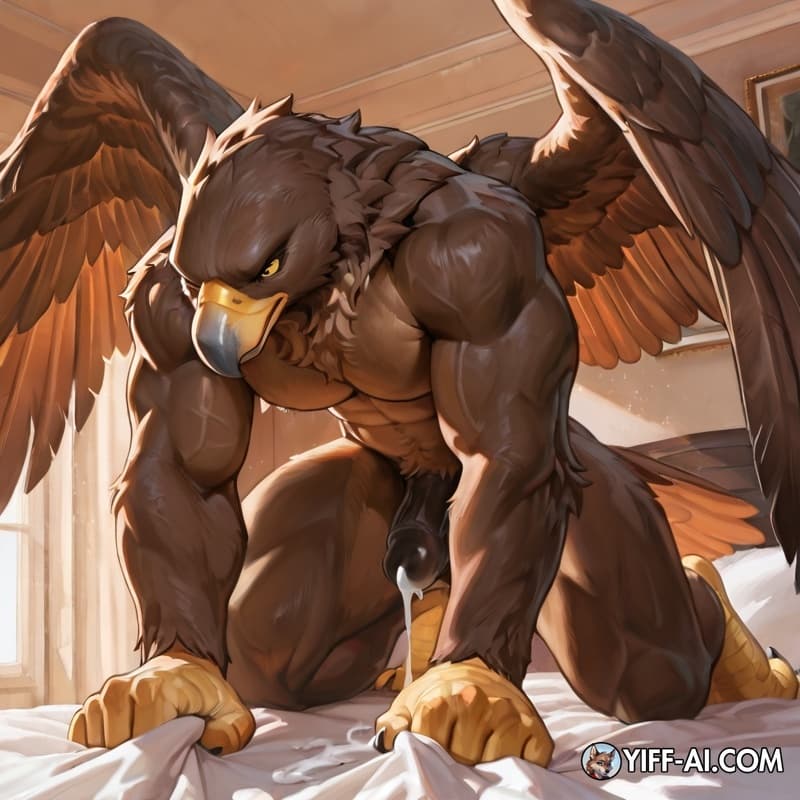 Eagle, muscular_male, anthro, bed, slit, leaking_cum, grabbing_sheets, feathered_wings, digitigrade, big_feet, big_hands,