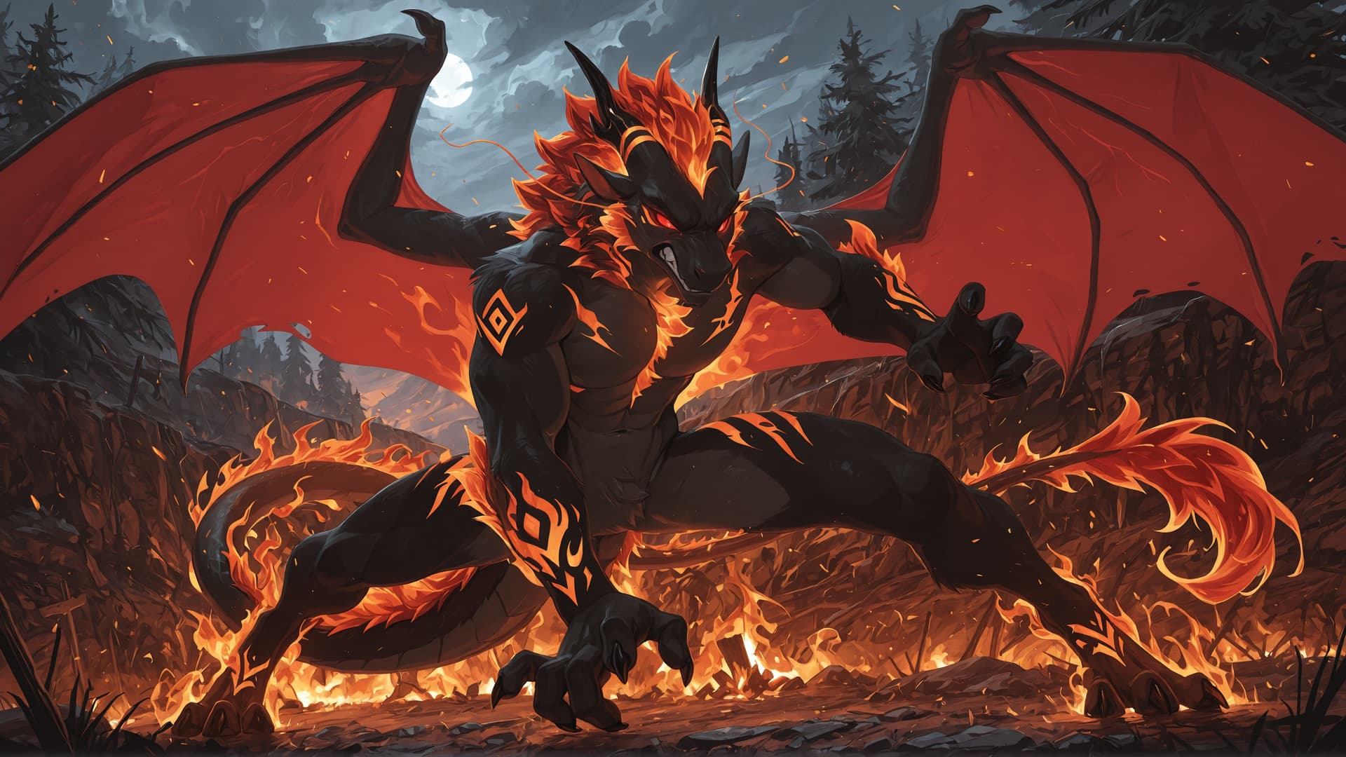 by_kluclew, solo, demonic, anthro, dragon, black_fur, furred_dragon, furry_tail, digitigrade, three_toes, clawed_feet, fire_mane, fire_spine, runic_markings, glowing_markings, angry, glowing_eyes, red