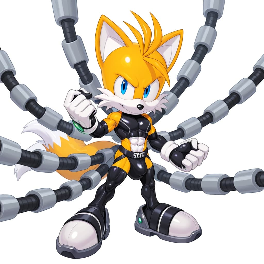 male, solo, anthro, fox, yellow_fur, Tails_Nine_(sonic prime), muscular, abs, six-pack, 2_tails, white_gloves, jockstrap, detailed_bulge, medium_bulge, standing, full_body, three-quarter_view, robotic
