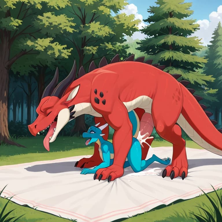 trio, dragon, kobold, male, female, larger_male, big_penis, size_difference, nude, vaginal_penetration, living_condom, cum_in_vagina, playful, outside, (feral_penetrating:1.3), (feral_male:1.3), (domi