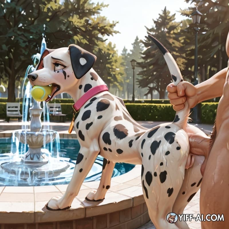 dog, feral, female, dalmatian, canid, animal_genitalia, animal_vulva, slim, human, human_penetrating_feral, penis_in_ass, anal_penetration, side_view, presenting_hindquarters, raised_tail, tennis_ball