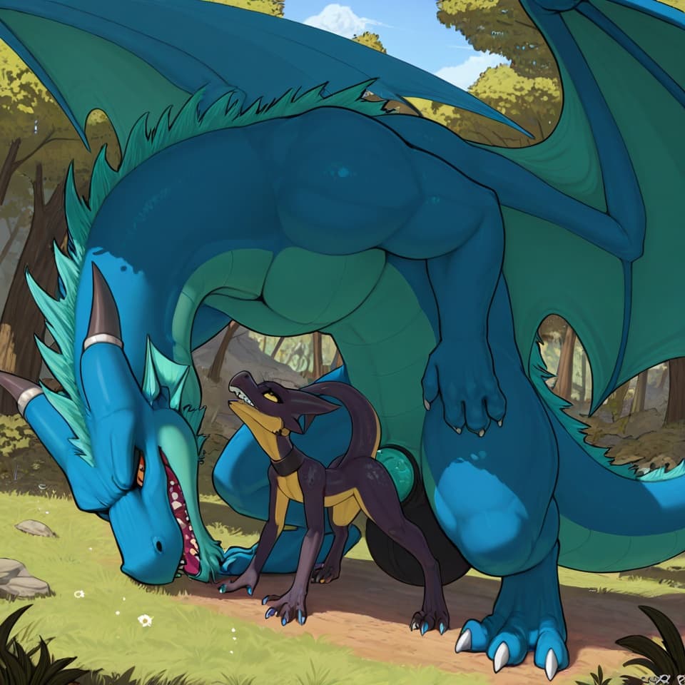 (Male dragon blue big_penis (feral:1.3)), +(female kobold green (feral:1.3)), male_penetrating, female_penetrated, fully_inside, larger_male, (extreme_size_difference:1.13), large_penetration, bulge,