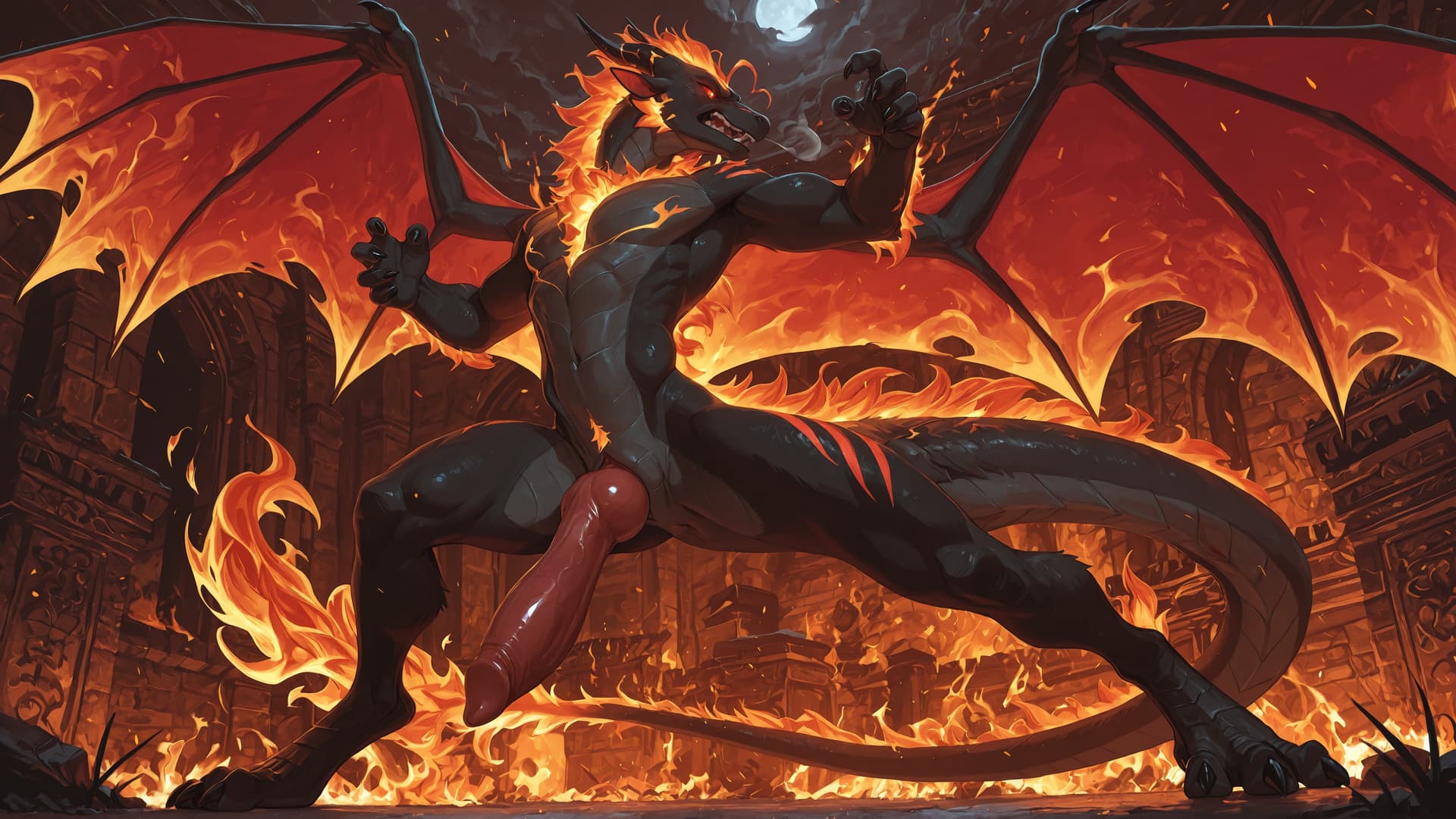 by_kluclew, solo, demonic, anthro, dragon, black_fur, furred_dragon, furry_tail, digitigrade, three_toes, clawed_feet, fire_mane, fire_spine, runic_markings, glowing_markings, angry, glowing_eyes, red