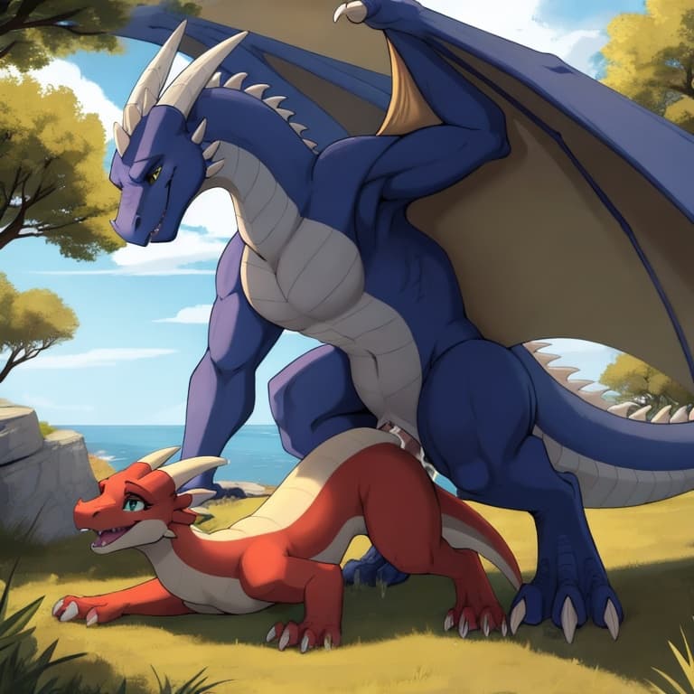 trio, dragon, kobold, male, female, larger_male, big_penis, size_difference, nude, vaginal_penetration, living_condom, cum_in_vagina, playful, outside, (feral_penetrating:1.3), (feral_male:1.3), (domi