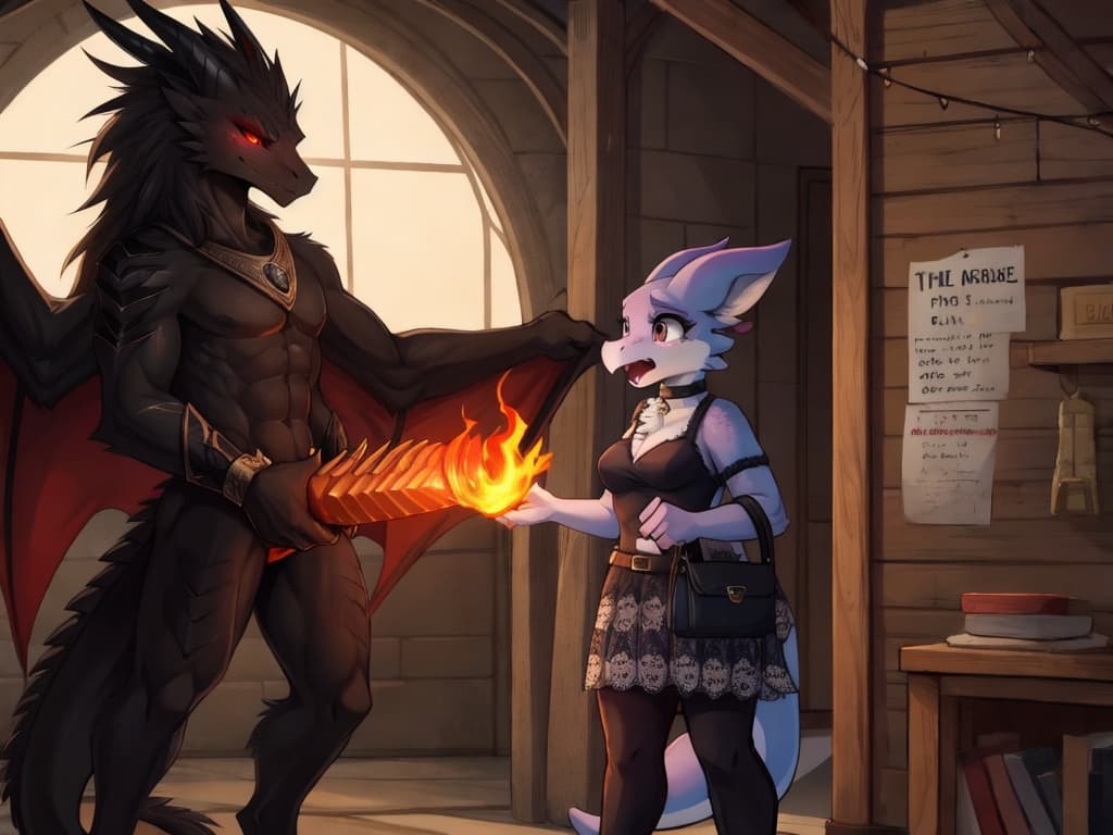 by_kluclew, duo, demonic, anthro, dragon, vantablack_fur, furred_dragon, furry_tail, digitigrade, three_toes, clawed_feet, fire_hair, fire_spine, runic_markings, glowing_markings, glowing_eyes, red_sc