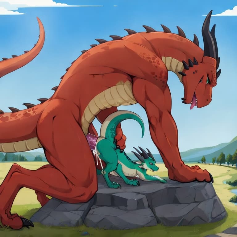 trio, dragon, kobold, male, female, larger_male, big_penis, size_difference, nude, vaginal_penetration, living_condom, cum_in_vagina, playful, outside, (feral_penetrating:1.3), (feral_male:1.3), (domi