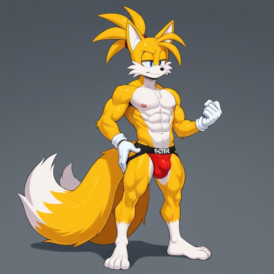 male fox , Nine by Sonic, yellow_fur, 2_tails, muscular, adult anatomy ,abs, six-pack, standing, white_gloves, jockstrap, detailed_bulge, mediun bulge, full body, three-quarter_view, hair up,
