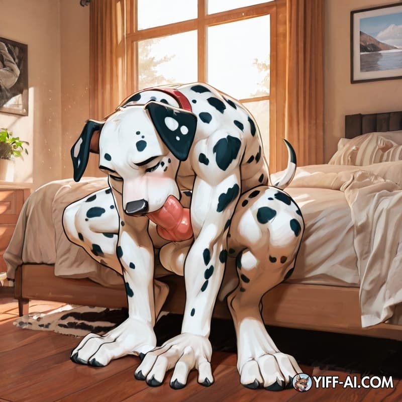 Solo, anthro, Dalmatian, teenager, muscular_anthro, digitigrade, big_feet, big_paw, big_hands, cock, knot, autofellatio, horny, bedroom