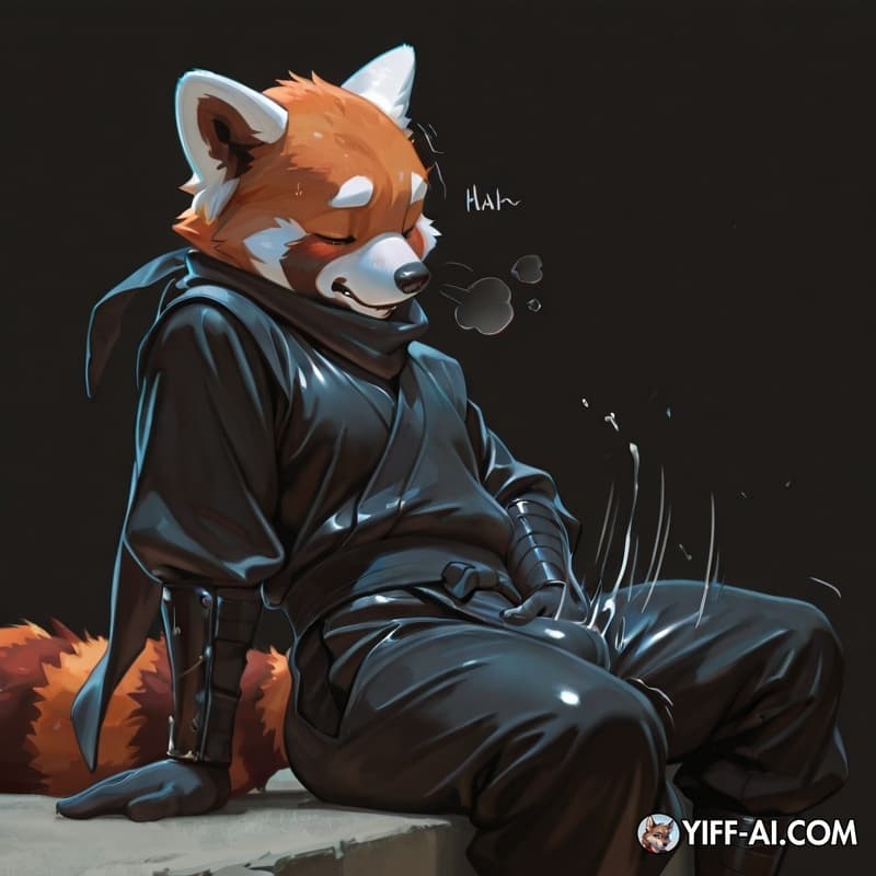 male red panda, black ninja costume, masked, masturbation, sitting, simple background and coloring