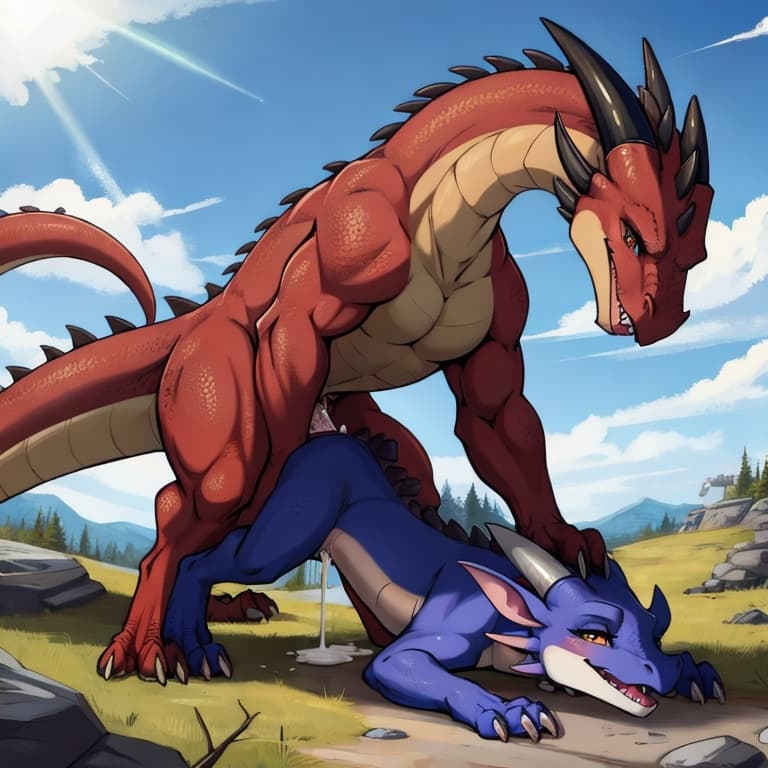 trio, dragon, kobold, male, female, larger_male, big_penis, size_difference, nude, vaginal_penetration, living_condom, cum_in_vagina, playful, outside, (feral_penetrating:1.3), (feral_male:1.3), (domi