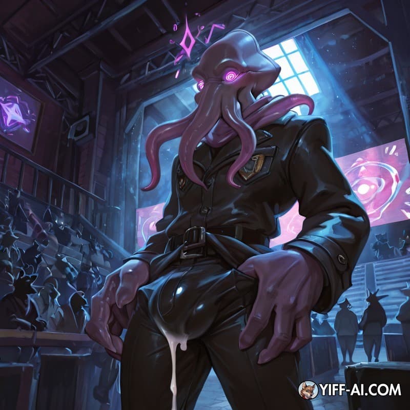 Mindflayer, mind_control, bulge, leaking_cum, public_exposure, theatre, big_hands, sweat,
