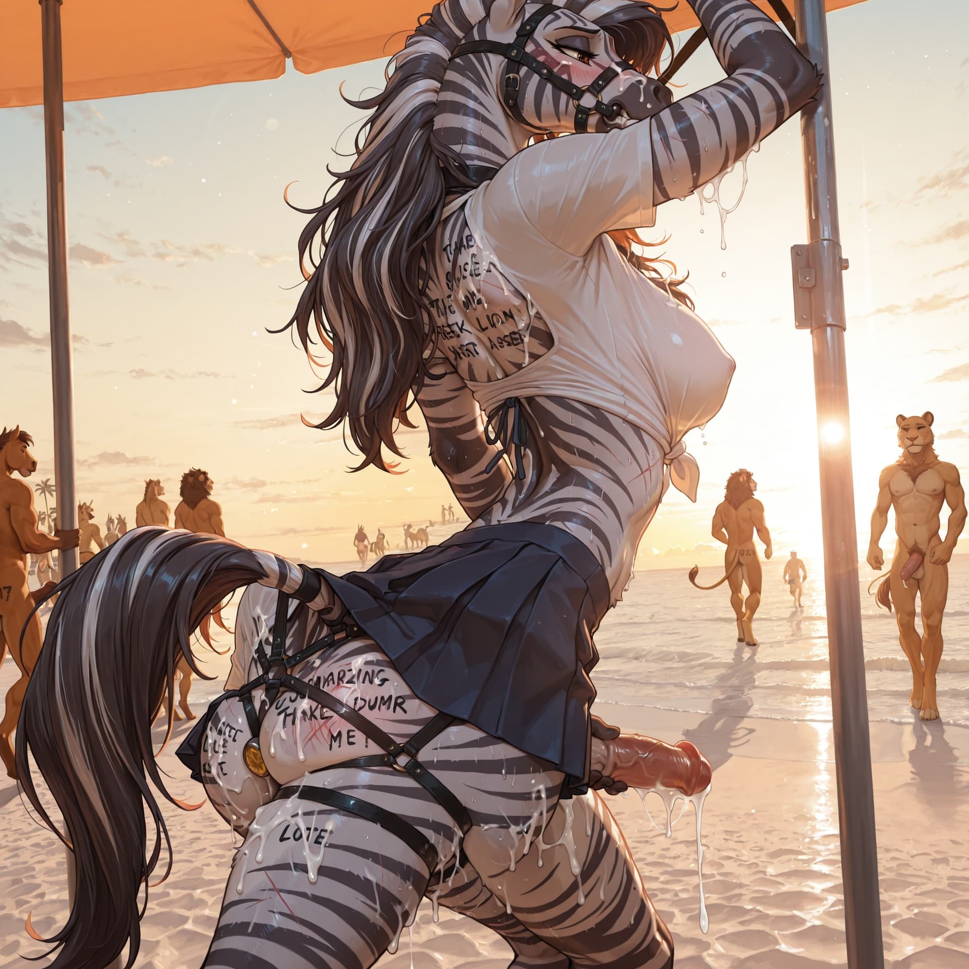 by_the_miniscule_task:1.7, long_hair, female_zebra, medium_breasts, messy_hair:1.6, bite_marks:1.6, morning, beach, crowd, cum_on_face, cum_on_lips, drooling, cum_stream_down_legs, horse_bridle, but